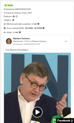 Postare plătită de Mariana Tomescu, pe Facebook, care promovează mesaje împotriva lui Crin Antonescu.