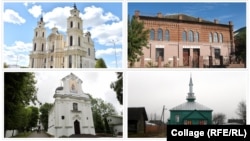 Касьцёл у Будславе, сынагога ў Бабруйску, жаночы манастыр у Полацку, мячэць у Іўі.
Каляж