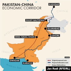 Approximate routes for the Pakistan China Economic Corridor. This map is for illustrative purposes only.