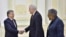 Uzbek President Shavkat Mirziyoyev (left) meets with U.S. Undersecretary of State Thomas Shannon (center) in Tashkent on March 26.