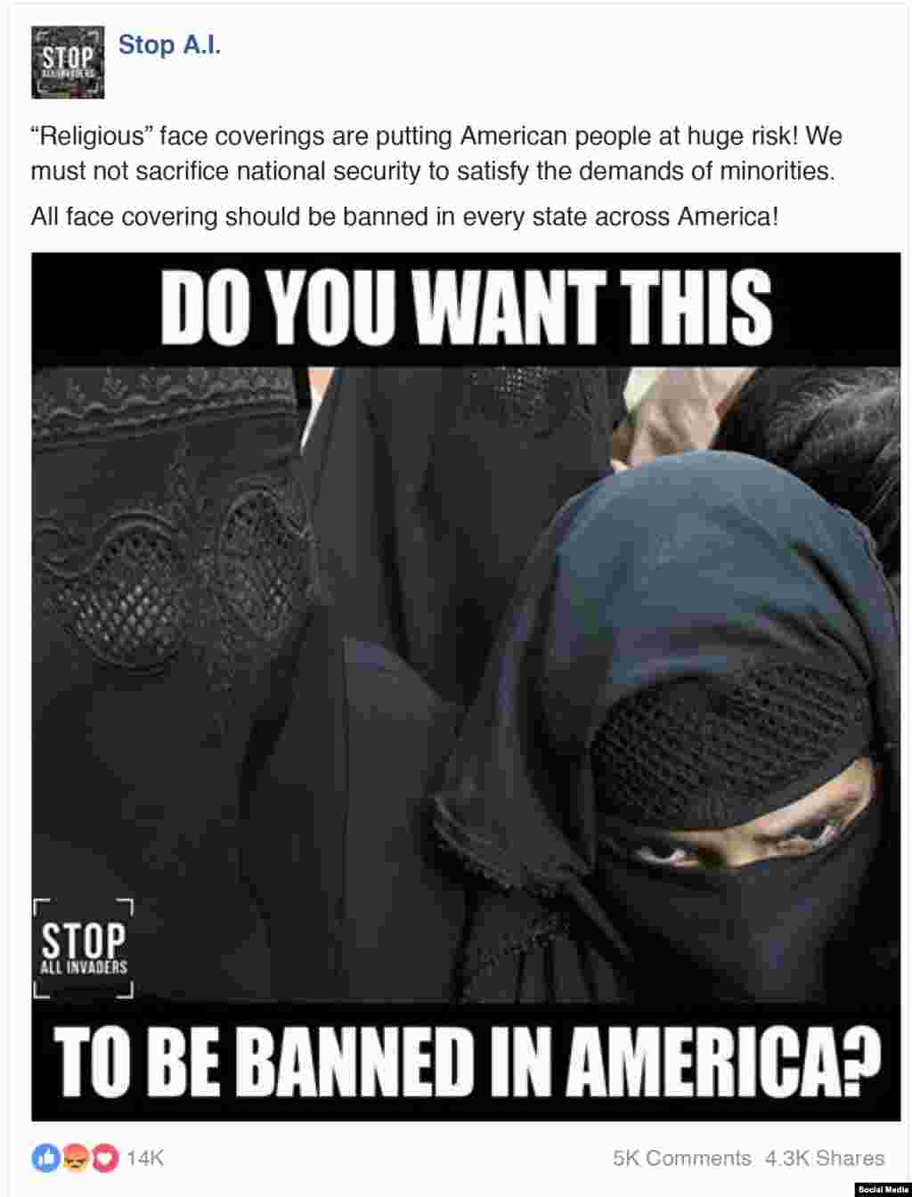 "Мы не будем жертвовать безопасностью ради того, чтобы ублажать требования меньшинств", &ndash; гласит этот пост. В нем тоже предлагается принять участие в кампании против бурки.