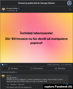 „Închideți televizoarele! Din ‘89 încoace nu fac decât să manipuleze poporul!”, posta pe 12 mai 2023 George Simion