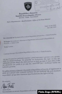 Letra e dorëheqjes së Kurtit.