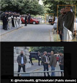 Të akuzuarit për sulmin në Banjskë mbështetën presidentin serb, Aleksandar Vuçiq, në protestë. REL-i identifikoi së paku 11 persona që ishin veshur "me uniforma". (Burimi X.com: @HelivideoRS, @ThisisKaltri)