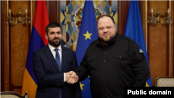 Ukraine - Ukrainian parliament speaker Ruslan Stefanchuk meets Sargis Khandanian, chairman of the Armenian parliament committee on foreign relations, Kyiv, February 13, 2025.
