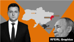 Украинскиот претседател Владимир Зеленски и претседателот на Русија Владимир Путин (илустрација)