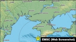 Скріншот зображення із сайту Європейського середземноморського сейсмологічного центру з позначкою землетрусу поблизу Севастополя