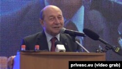 Fostul președinte român, Traian Băsescu la Chișinău, unde și-a lansat candidatura pentru Parlamentul European, 14 aprilie 2019