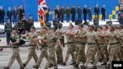 A British Army unit marches on Kyiv's Independence Square in August 2017, during a parade on the occasion of Ukrainian Independence Day celebrations. 