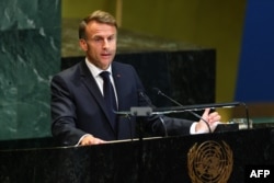 Emmanuel Macron, în timpul discursului de pe 22 septembrie de la sediul ONU.