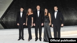 Emin Agalarov (far right) with (from left to right) Heydar Aliyev, Mehriban Aliyeva, President Ilham Aliyev, and Leyla Aliyeva at the opening of the Heydar Aliyev Center in Baku in May 2012.