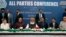 FILE: Pakistan's opposition parties leaders, from left, Maryam Nawaz, Shahbaz Sharif, Maulana Fazalur Rehman, Bilawal Bhutto Zardari, Yousuf Raza Gillani, and Mahmood Khan Achakzai during the all parties conference in Islamabad on June 26.
