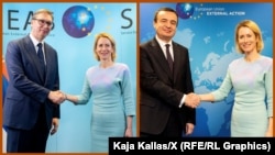 Kaja Kallas gjatë takimeve të ndara me kryeministrin e Kosovës, Albin Kurti, dhe presidentin e Serbisë, Aleksandar Vuçiq. 