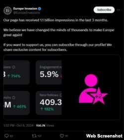 Në tetor, Europe Invasion u mburr se gjatë tre muajve të fundit kishte grumbulluar 1.1 miliard shikime dhe kishte shtuar mbi 40.000 ndjekës.