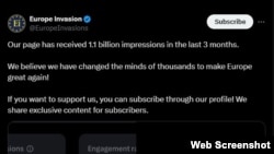 Europe Invasion s-a lăudat în octombrie că a obținut 1,1 miliarde de impresii în ultimele trei luni.