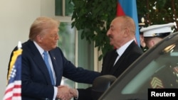 U.S. - U.S. President Donald Trump welcomes Azerbaijan President Ilham Aliyev to the White House in Washington, August 8, 2025.
