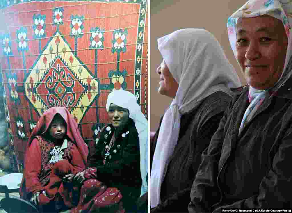 Сестры Алтын и Марбет. Слева: на Памире в 1970 году. Справа: в Турции в поселении на озере Ван. Они говорят, что сейчас не владеют родным языком и не носят те одежды и украшения, которые обычно носили на Памире. 