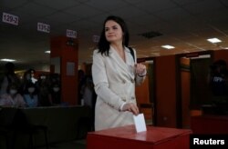 Candidata opoziției la prezindețiale Svetlana Țihanovskaia, Minsk, 9 august 2020.