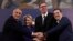 SERBIA -- Serbian President Aleksandar Vucic, second right, poses with Romanian Prime Minister Viorica Dancila, second left, Bulgarian Prime Minister Boyko Borisov, left, and Greece's Prime Minister Alexis Tsipras after talks in Belgrade, Serbia, Saturday