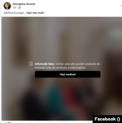 Postarea Georgianei Arsene, cu o fotografie creată cu AI, a fost catalogată drept falsă de Facebook.