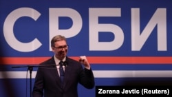 Predsednik Srbije Aleksandar Vučić na predstavljanju "Pokreta za narod i državu" i pet zahteva "za uspostavljanje reda u državi" koji su u fokusu trodnevnog skupa kojeg u centru Beograda organizuje vlast, 12. aprila 2025.