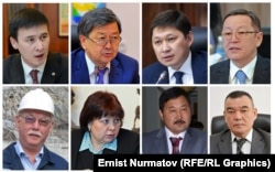 Бишкек ЖЭБине байланыштуу айып тагылган негизги аткаминерлер. Үстүңкү катарда: Айбек Калиев, Жантөрө Сатыбалдиев, Сапар Исаков, Осмонбек Артыкбаев. Ылдыйда: Темирлан Бримкулов, Ольга Лаврова, Жолдошбек Назаров, Салайдин Авазов.