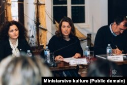 Ministrja e Kulturës, Tamara Vujoviq, në një takim me përfaqësuesit e Misionit Këshillëdhënës të UNESCO-s, shkurt 2025.