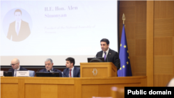 Председатель Национального Собрания Ален Симонян выступает с речью на 19-й пленарной сессии Средиземноморской Парламентской Ассамблеи, 20 февраля 2025 г.