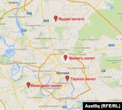 Мәскәүдә эшләп килүче дүрт мәчетнең урыннары