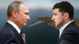 Владимир Путин и Владимир Зеленский на фоне Крыма и Керченского моста. Коллаж