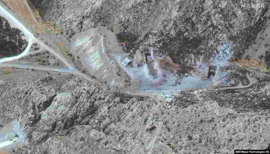 Damage seen at the entrances of tunnels at a facility in Kermanshah, western Iran. The site is believed to house an Iranian missile base. 