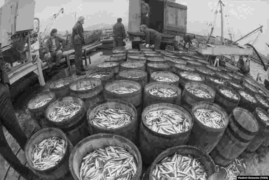 Barrels of fish being prepared for airlift into Armenia from Soviet Kyrgyzstan. As foreign aid descended on Armenia, Gyumri's airport, which usually received around four arrivals per day, was soon fielding as many as 180.
