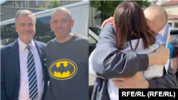 Predsednik i izvršni direktor RFE/RL Stiven Kapus sa Iharom Karnejem, bivšim novinarom beloruskog servisa RFE/RL (levo), i Serhej Tihanovski kako grli svoju suprugu Svjatlanu Tihanovsku, liderku beloruske opozicije (desno).