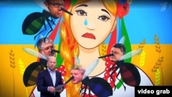 Російський ведучий на тлі карикатури про Україну