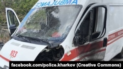  A Ukrainian ambulance after it was hit in Russian drone strike on the Kharkiv region in August. 