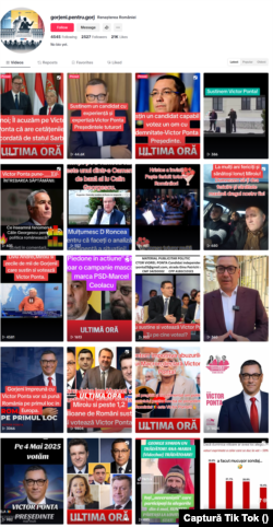 Pe pagina de Tik Tok „Gorjeni pentru Gorj” sunt, în continuare, zeci de postări care îl promovează pe Victor Ponta.