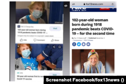 Levo: lažna objava montirana u sadržaj portala fox13news, Desno: originalan tekst sa sajta fox13now.com