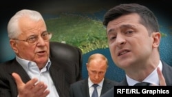 Leonid Kravçuk, Vladimir Putin ve Volodımır Zelenskıy Qırım haritasınıñ fonunda. Kollaj