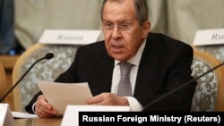 Russian Foreign Minister Sergei Lavrov speaks at the Afghan peace conference in Moscow on March 18.