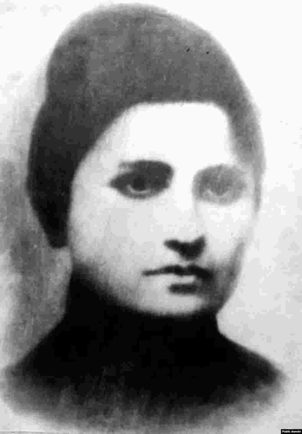 Stalin's first wife, Yekaterina "Kato" Svanidze (1885-1907), shown in a 1904 portrait. They were married in Tbilisi in 1906. She and Stalin had one son, Yakov Dzhugashvili, who was born in 1907. Yekaterina died of tuberculosis in 1907. Much of her family, including a sister and brother, were executed during the Great Terror. Yakov Dzhugashvili was a Soviet artillery officer during World War II. He was captured by the Germans in 1941. After Stalin refused a prisoner exchange for him, Yakov died in captivity under unknown circumstances in April 1943.
