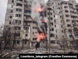 Fires blaze after Russia struck the eastern city of Kupyansk, Ukraine, on April 6.