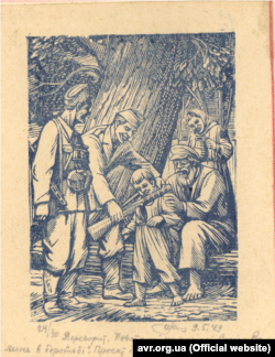 Дереворит «Повстанці на хуторі в гостині» у виконанні Ніла Хасевича. Ілюстрація підтримки населення і доброзичливість повстанців. Дата створення: 9 травня 1949 року