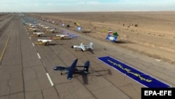 Iranian drones lined up ahead of a drill at an unknown location in Iran in January 2021.
