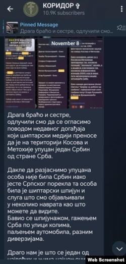 Objava sa kanala "Koridor" na Telegramu, gde je Vukašinović prozvan "špijunom" (kliknuti za uvećanje)