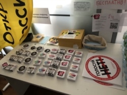 Some of the posters and stickers advocating a "No" vote at the campaign’s Moscow HQ.