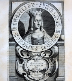 Французька гравюра із зображенням королеви Франції Анни Київської (дочка Київського князя Ярослава Мудрого) у книзі французького історика 17-го століття Франсуа Мезере «Історія Франції». Анна Ярославна була королевою Франції в період 1051–1060 років