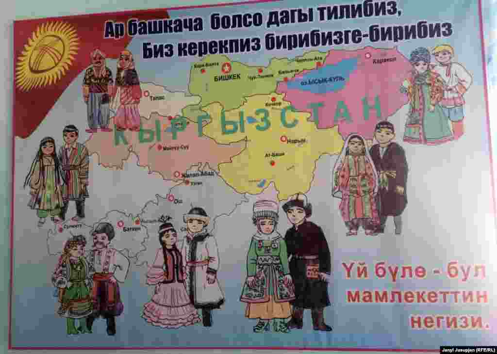 Баннер в школе с надписью на государственном языке &ldquo;Наши языки разные, но мы нужны друг другу&rdquo;.