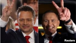 Rafal Trzaskowski (stânga) ar avea un ușor avantaj față de Karol Nawrocki, fiind creditat de exit-poll-uri cu 50,3%