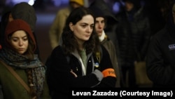 Georgian journalist Mariam Nikuradze covering a protest in Tbilisi.