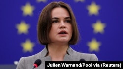 Светлана Тихановская во время выступления в Европарламенте. Страсбург, 24 ноября 2021 года